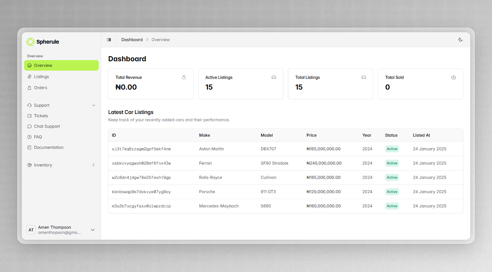 Screenshot of Dashboard page from Spherule