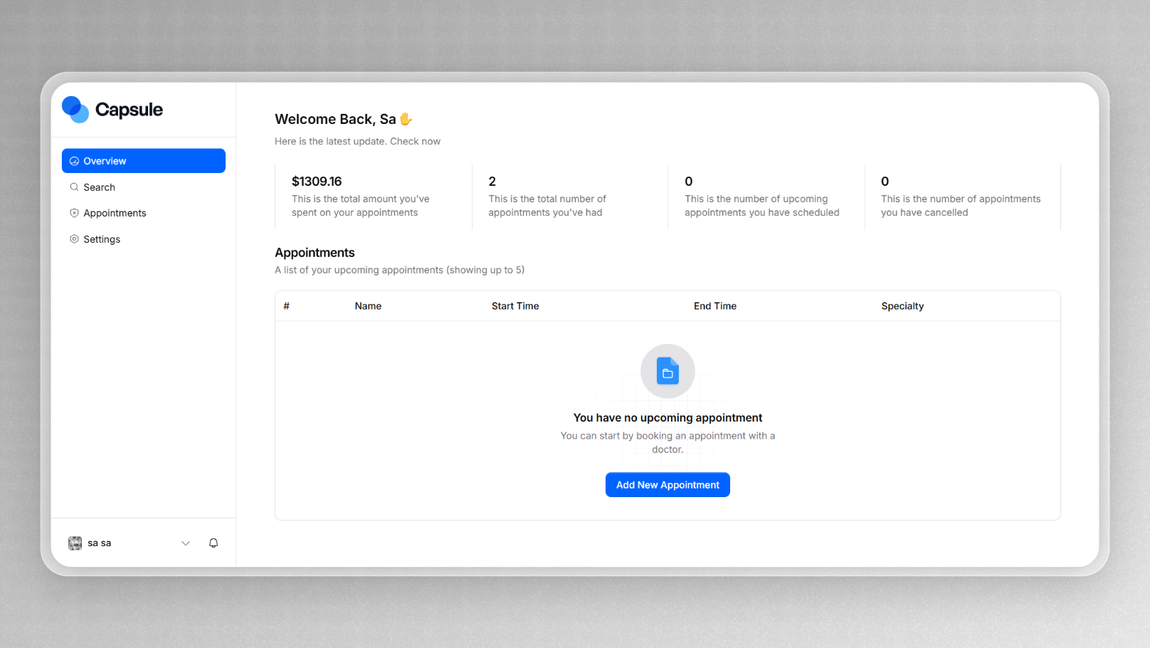 Screenshot of Dashboard page from Wecares